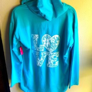 Mix & Co. Turquoise Pullover Hoodie. LOVE Graphic on Back. Small